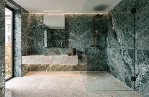 Modern minimalist bathroom interior, modern bathroom cabinet, white sink, wooden vanity, interior plants, bathroom accessories, bathtub and shower, white and beige walls, concrete floor.