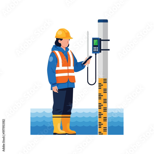 Expert technician in protective workwear checking water levels with a digital sensor and gauge, showcasing essential environmental monitoring and water resource management efforts