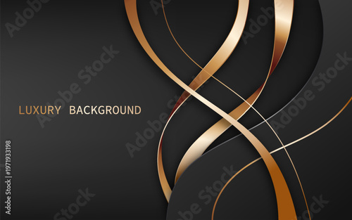 Modern luxury abstract background with elegant intertwined gold metallic ribbons over a dark black gradient backdrop. Vector Illustration