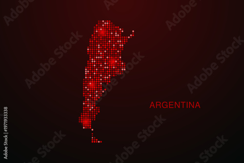 Argentina Map - Digital dotted map with glowing red points on dark background, modern technology style, abstract data network design, clean minimal vector illustration.