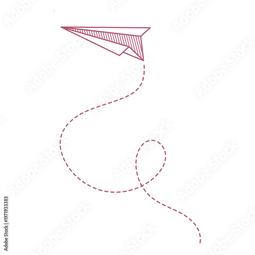 Elegant pink line art paper plane tracing a whimsical dotted flight path, symbolizing a creative journey, aspirations, and the excitement of new beginnings