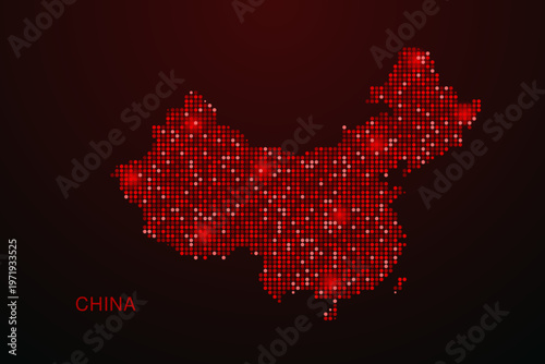 China Map - Digital dotted map with glowing red points on dark background, modern technology style, abstract data network design, clean minimal vector illustration.