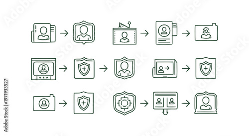 Identity Verification Process and Data Security Line Icons.