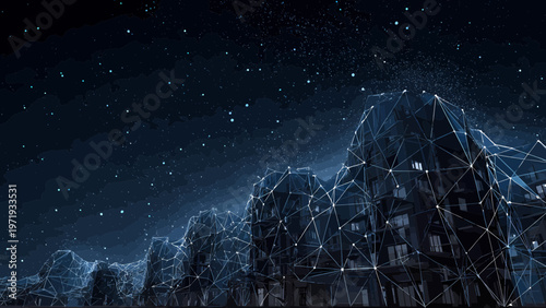 Smart city buildings glow with a complex network of digital connections against a dark star-dusted night sky.