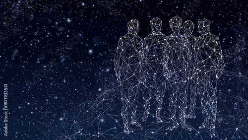 Business team represented by a group of interconnected light nodes forms a human-shaped digital network.