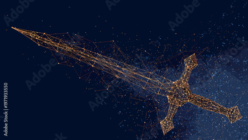 Sword constructed from glowing orange light nodes and thin geometric lines floats in a deep blue void.