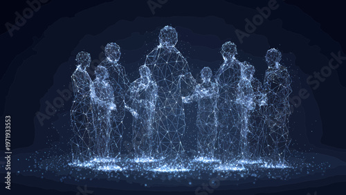 People stand together in a collaborative circle represented by luminous human silhouettes formed from intricate digital network connections.