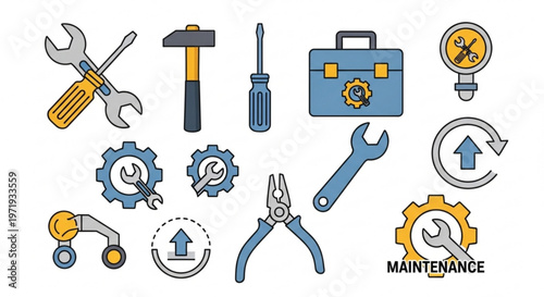 Collection of various maintenance tools and symbols for repair and construction work on a white background