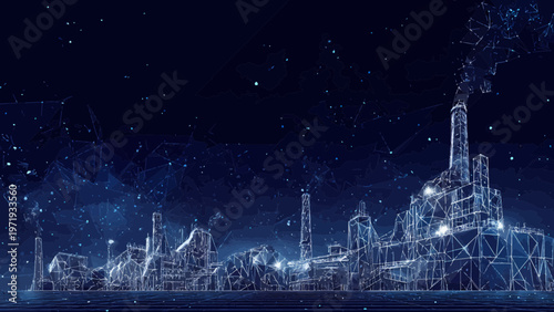 Factory building rendered in a digital wireframe style glows with blue neon nodes against a dark background.