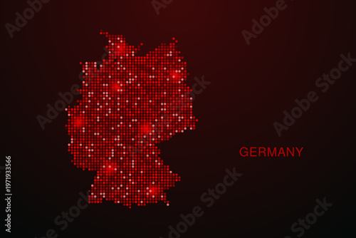 Germany Map - Digital dotted map with glowing red points on dark background, modern technology style, abstract data network design, clean minimal vector illustration.