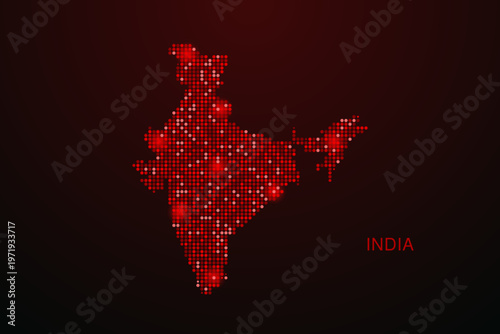 India Map - Digital dotted map with glowing red points on dark background, modern technology style, abstract data network design, clean minimal vector illustration.