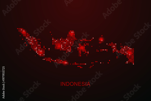 Indonesia Map - Digital dotted map with glowing red points on dark background, modern technology style, abstract data network design, clean minimal vector illustration.