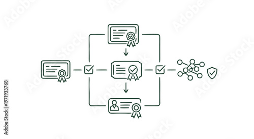 Illustrated Certificates and Network Security Elements on White Background.