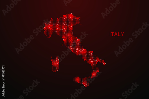 Italy Map - Digital dotted map with glowing red points on dark background, modern technology style, abstract data network design, clean minimal vector illustration.