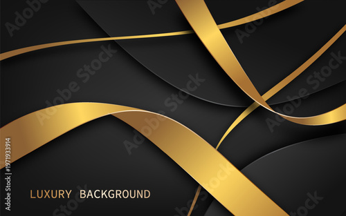 Elegant abstract luxury background with smooth, flowing golden ribbons layered over a deep black backdrop. Vector Illustration