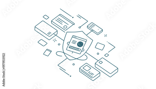 Isometric Illustration of Data Protection with Shield and Devices.