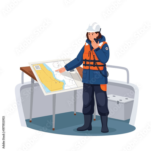 Maritime professional in a safety vest and hard hat reviewing a nautical chart on a boat deck