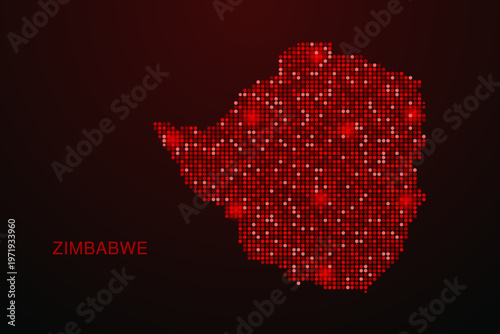 Zimbabwe Map - Digital dotted map with glowing red points on dark background, modern technology style, abstract data network design, clean minimal vector illustration.