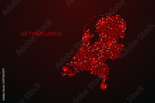 Netherlands Map - Digital dotted map with glowing red points on dark background, modern technology style, abstract data network design, clean minimal vector illustration.