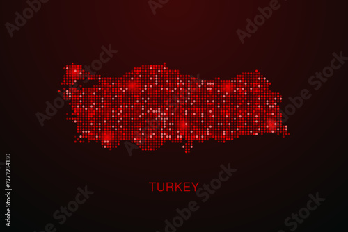 Turkey Map - Digital dotted map with glowing red points on dark background, modern technology style, abstract data network design, clean minimal vector illustration.