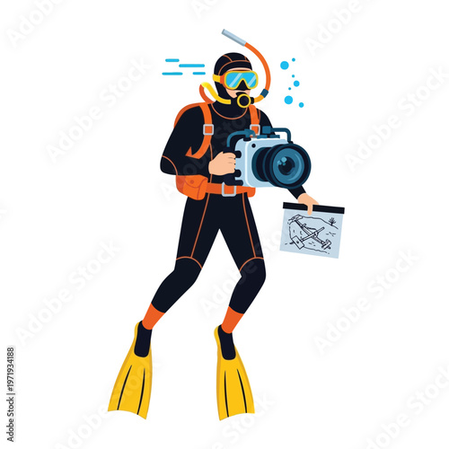 Flat design vector illustration of an adventurous scuba diver equipped with an underwater camera and a map, ready for marine exploration and photography