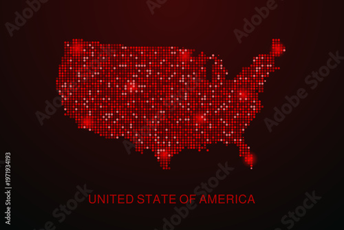United State of America Map - Digital dotted map with glowing red points on dark background, modern technology style, abstract data network design, clean minimal vector illustration.