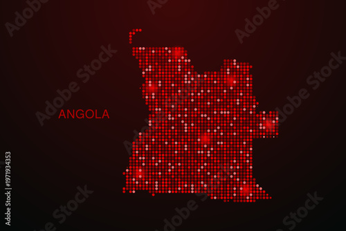 Angola Map - Digital dotted map with glowing red points on dark background, modern technology style, abstract data network design, clean minimal vector illustration.