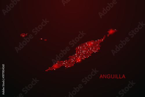 Anguilla Map - Digital dotted map with glowing red points on dark background, modern technology style, abstract data network design, clean minimal vector illustration.