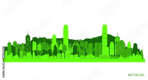 Vibrant Green Hong Kong Skyline Silhouette - Modern Cityscape Vector Art