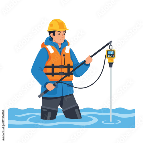 Water quality testing by a surveyor in a life vest using a probe to measure parameters in a body of water