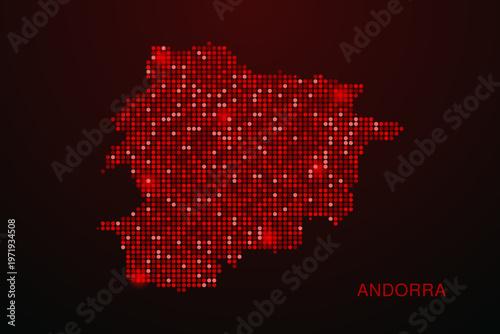 Andorra Map - Digital dotted map with glowing red points on dark background, modern technology style, abstract data network design, clean minimal vector illustration.