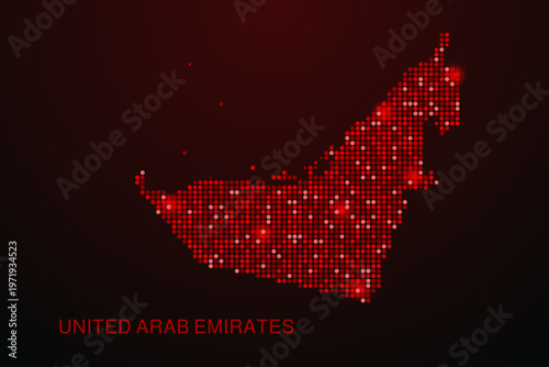 United Arab Emirates Map - Digital dotted map with glowing red points on dark background, modern technology style, abstract data network design, clean minimal vector illustration.