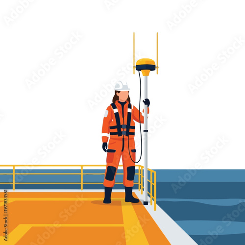 Female engineer in safety gear conducts precise GPS surveying on an offshore platform, utilizing advanced geodetic equipment for critical data collection and accurate positioning