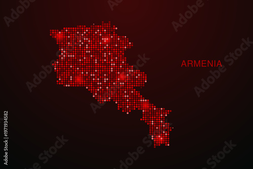 Armenia Map - Digital dotted map with glowing red points on dark background, modern technology style, abstract data network design, clean minimal vector illustration.