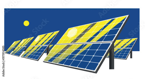 Solar panels at dusk, renewable energy, sustainable power generation, sun reflection