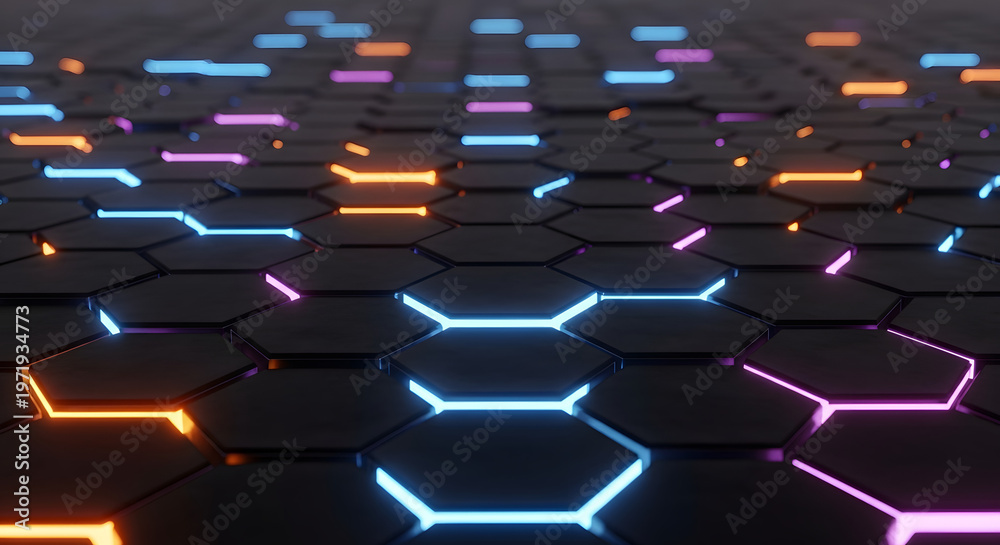 Fototapeta premium Futuristic neon hexagon network background with glowing cyber technology lines