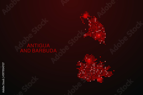 Antigua and Barbuda Map - Digital dotted map with glowing red points on dark background, modern technology style, abstract data network design, clean minimal vector illustration.