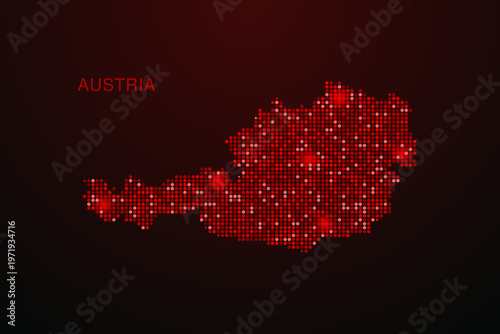 Austria Map - Digital dotted map with glowing red points on dark background, modern technology style, abstract data network design, clean minimal vector illustration.