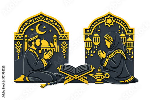 Vector illustration of a man and woman in prayer for ramadan with mosque and lanterns