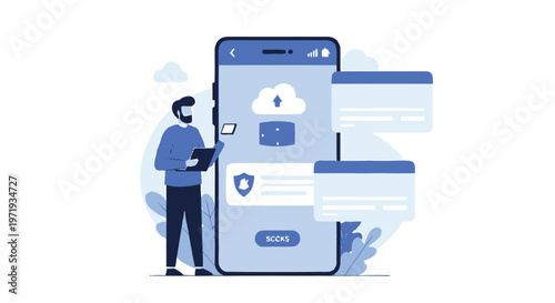Man Interacting with Mobile Phone Displaying Cloud Data Security.