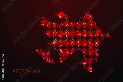 Azerbaijan Map - Digital dotted map with glowing red points on dark background, modern technology style, abstract data network design, clean minimal vector illustration.