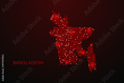Bangladesh Map - Digital dotted map with glowing red points on dark background, modern technology style, abstract data network design, clean minimal vector illustration.