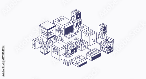Isometric Illustration of Various Boxes and Packages in a Group.
