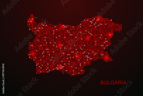 Bulgaria Map - Digital dotted map with glowing red points on dark background, modern technology style, abstract data network design, clean minimal vector illustration.