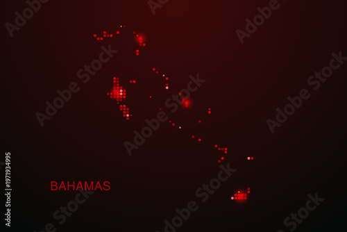 Bahamas Map - Digital dotted map with glowing red points on dark background, modern technology style, abstract data network design, clean minimal vector illustration.