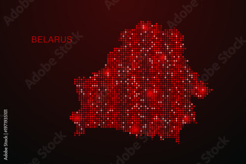 Belarus Map - Digital dotted map with glowing red points on dark background, modern technology style, abstract data network design, clean minimal vector illustration.