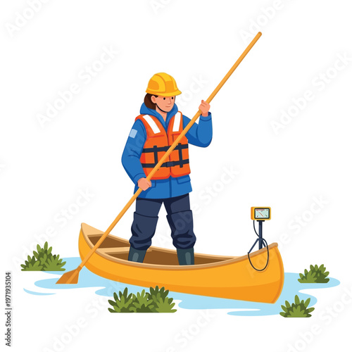 Dedicated environmental scientist navigating a canoe in a wetland, equipped with safety gear and modern surveying technology for field data collection