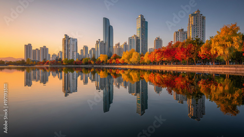 City skyline reflected on calm lake with colorful autumn trees, showcasing urban beauty, symmetry, and peaceful landscape at sunrise or sunset.