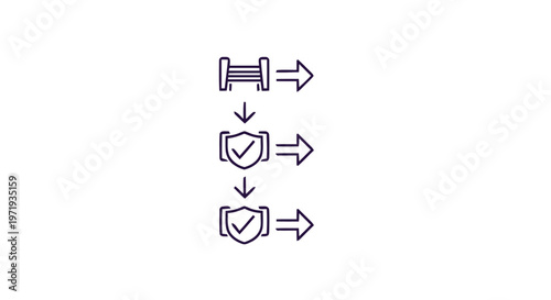 Linear Process Flow Diagram with Security Checkpoints Illustration.