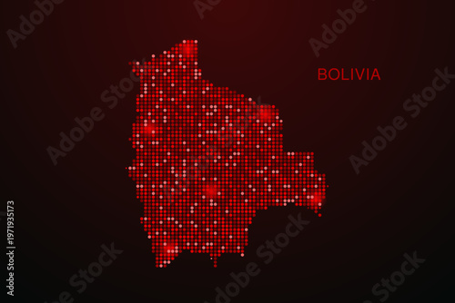 Bolivia Map - Digital dotted map with glowing red points on dark background, modern technology style, abstract data network design, clean minimal vector illustration.